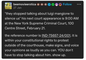 "they stopped talking about luigi mangione to silence us" his next court appearance is 9:00 AM at the New York Supreme Criminal Court, 100 Centre Street, February 21. the reference number is IND-75657-24/001. it is within your constitutional rights to protest outside of the courthouse, make signs, and voice your opinions as loudly as you can. YOU don't have to stop talking about him. show up.